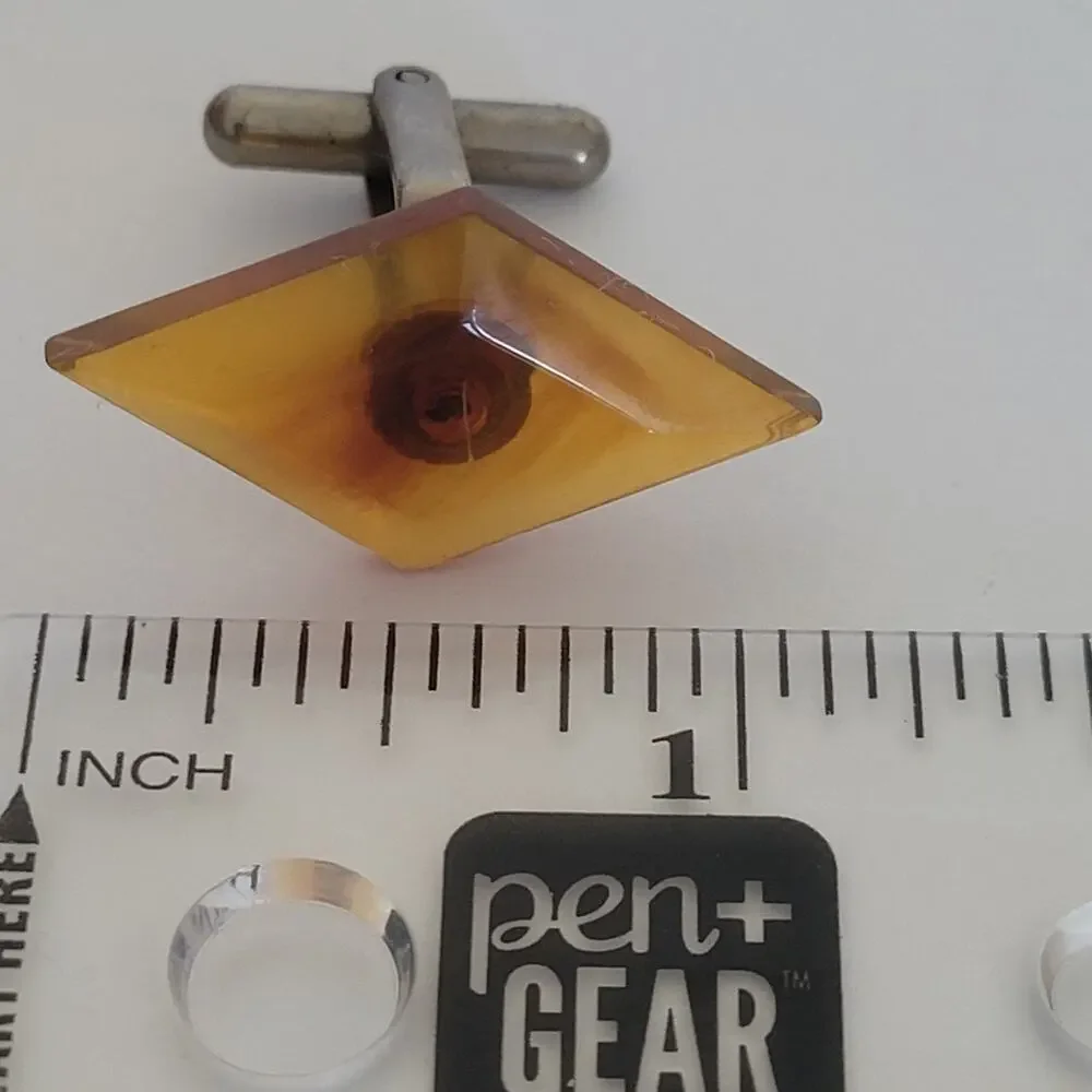 Silver Brown Turtoise Plastic Tone Cufflinks Vintage Trapezoid Retro Mid Century